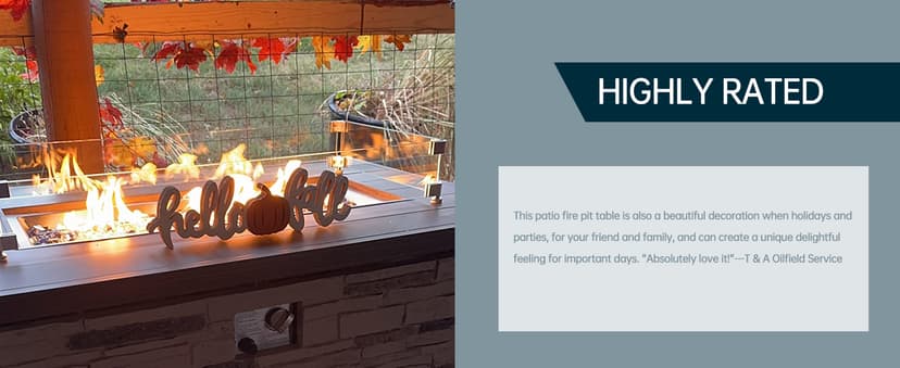 43" Propane Fire Pit Table Outdoor Rectangular Stone Firepit Table 50000 Btu Propane Fire Tables for Outside Patio with Glass Wind Guard, Lid, Fire Glass Beads, Pizzello Caldo (Gray Stone)