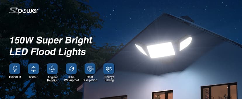 150W Flood Lights Outdoor Waterproof IP65, Exterior LED Floodlights with 3 Adjustable Heads, 15000LM Super Bright Security Lights Fixture, Outside Lights for House, Backyard