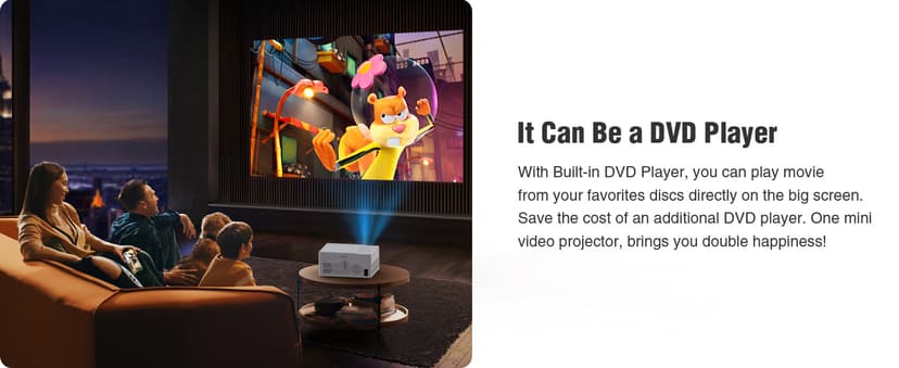 TMY Bluetooth Projector with DVD Player Built in, 1080P Mini Projector, Portable DVD Projector for Outdoor Movies, Compatible with Smartphone/PC/TV Stick/HDMI/USB/TF
