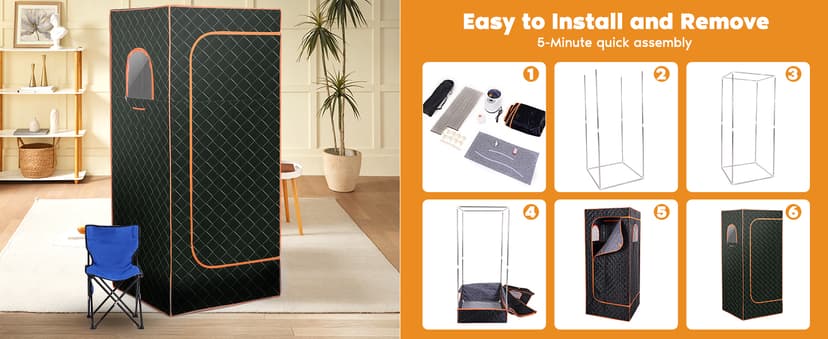 Portable Sauna Box with 3L 1200W Steamer, Personal Sauna Tent with 15 Adjustable Heat Levels, Steam Sauna Full Body for Home, Steam Room with Foldable Chair