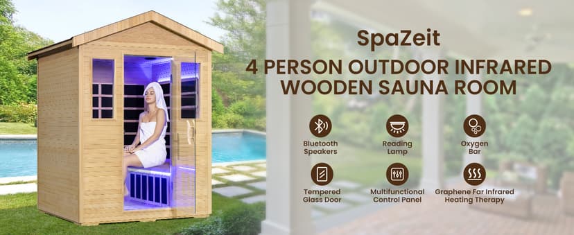 3300W 30A 110V Outdoor Wooden Low EMF Far Infrared Sauna with Bluetooth Speakers, LED Lamp, LCD Control Panel, Tempered Glass Door, 7 Colors Lighting 4 Person, 84.24"x66.6"x51.24"
