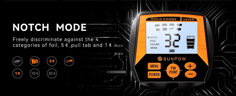 SUNPOW Metal Detector for Adults, Professional Waterproof High Accuracy Metal Detector, 10'' Detection Depth, Pinpoint & Disc & Notch & All Metal & Volume Modes, Strong Anti-Interference-GC-1083