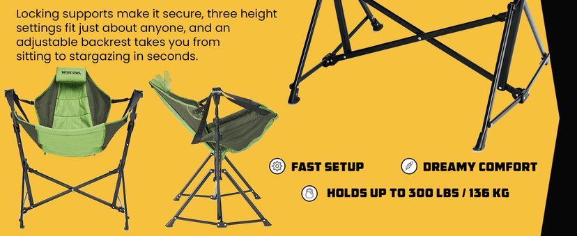 Wise Owl Outfitters Ultimate Comfort Camping Hammock Chair - Adjustable Height, Backrest, and Padded Seat - Perfect for Short & Tall Adventurers - Green