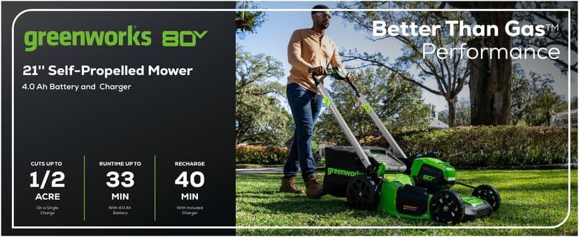 Greenworks 80V 21" Brushless Cordless (Self-Propelled) Lawn Mower (LED Headlight + Aluminum Handles), 4.0Ah Battery and Rapid Charger Included (75+ Compatible Tools)