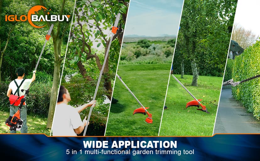 Iglobalbuy 52cc 2-Stroke 5 in 1 Garden Hedge Trimmer Combo, Gas Powered Long Reach Pole Saw Grass String Trimmer Brush Tree Cutter Pruner Weed Eater Multi Functional Garden Trimming Tools