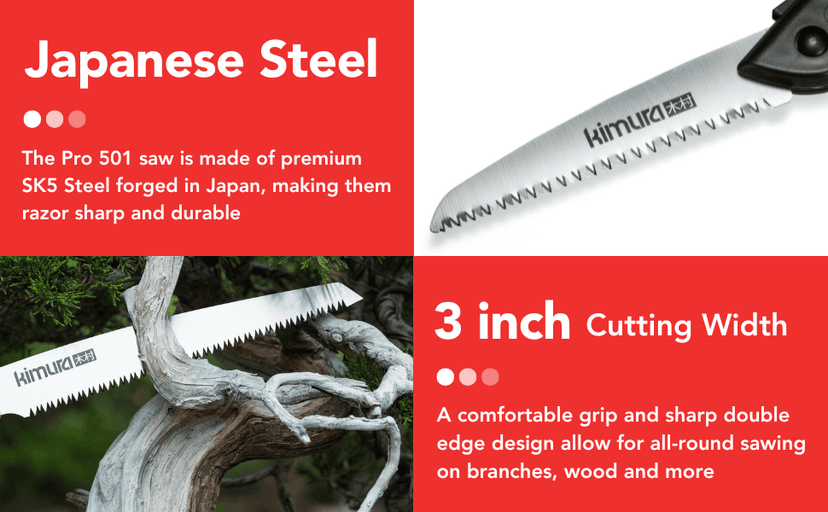 Kimura 7" Pro Folding Pruning Saw - Heavy Duty Japanese SK5 Steel, 180mm Blade, Ergonomic Soft Non-Slip Handle, Lightweight Foldable Saw for Branches, Trimming, Camping, PVC, Hiking, Wood