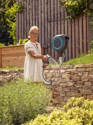 GARDENA (18614-80) 66' x 1/2" Automatic Retractable Garden Hose Reel on Metal Spike, 66' Outside Garden Hose Length, with 360° Rotation to Reach All Areas of Your Yard