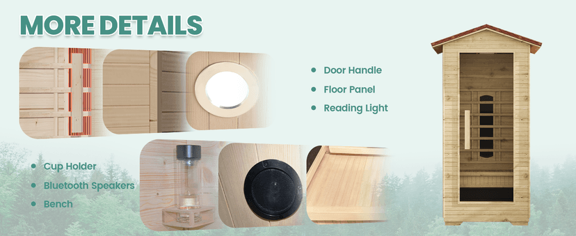 1 Person Outdoor Infrared Sauna - 3D Fast Heating Home Spa Sauna w/Chromotherapy Light, Wooden Sauna Room Kit w/Bluetooth Speaker (CE Certified,110V)