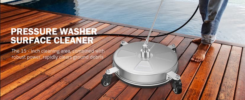 15" Pressure Washer Surface Cleaner with 4 Wheels - Stainless Steel Surface Cleaner for Pressure Washer Attachment for Concrete, Patio, Sidewalk, Deck, Driveways and Daily Washing - PWS 15
