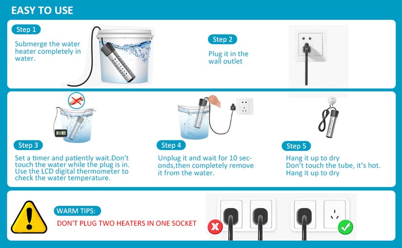 Immersion Water Heater,Pool Heater for Inflatable Pool, Portable Hot Tub Heater with Stainless Steel Protection Guard and LCD Digital Thermometer,Heat Water Fast in Small Pool,Bucket and Bathtub.