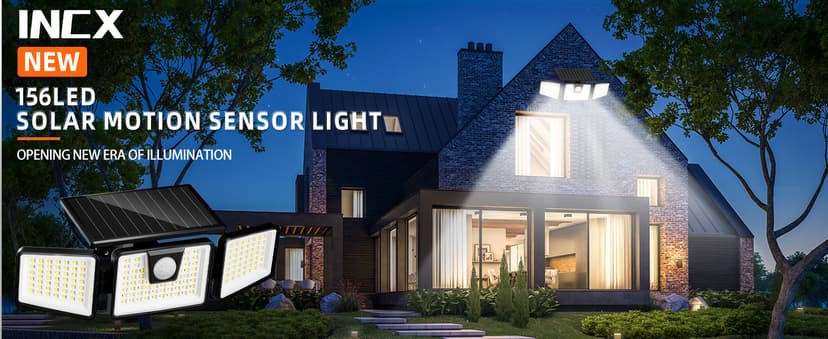 INCX Solar Lights Outdoor Waterproof, 3000 LM 156 LED Motion Sensor Outdoor Lights, 3 Heads Solar Powered Security Flood Light Motion Detected Spotlight for Patio Garage Yard Entryways, 2 Pack Black