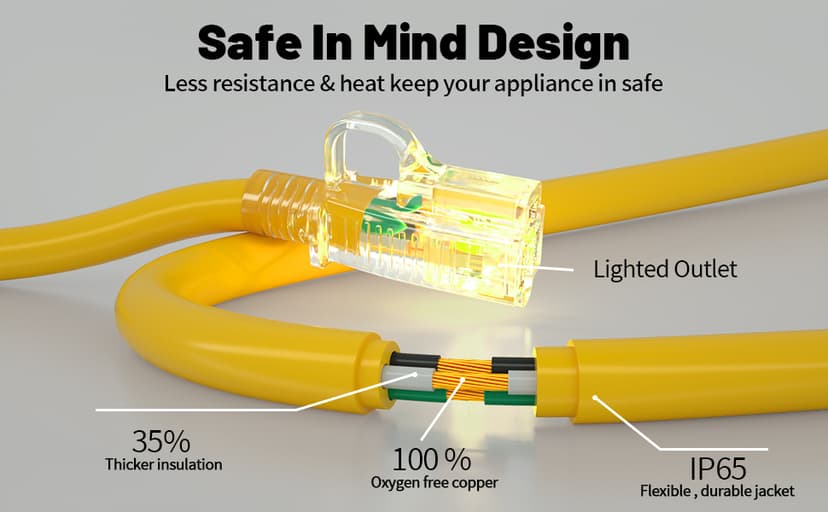 50 ft 12/3 Outdoor Extension Cord Waterproof Heavy Duty with Lighted Indicator End 12 Gauge 3 Prong, Flexible Cold-Resistant Long Power Cord Outside, 15Amp 1875W SJTW Yellow ETL Listed