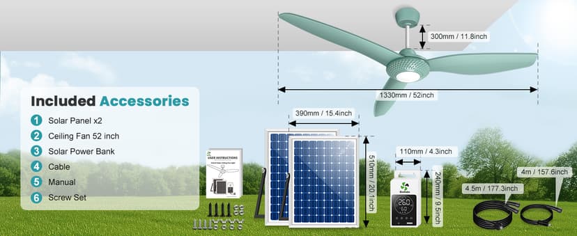 Outdoor Ceiling Fan Light for Gazebo with Battery, 52" Solar Ceiling Fan with Adjustable Thermostat & 2pcs 30W Bifacial Panels for Patios, Porch, Barn, Shed