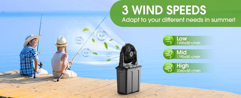Ausic 9L Bucket Portable Misting Fan for Outdoors Patios, 20000mAh Rechargeable Battery Operated Camping Fan, 3 Strong Winds, 3 Large Spray Outlets, for Fishing/Travel/Garden Party/Golf/Tent/Office