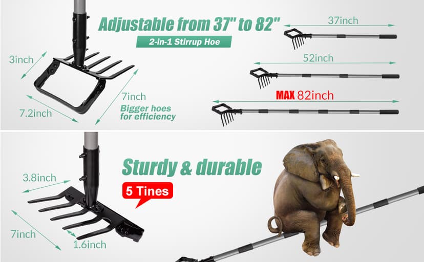 Suchtale 82 Inch Stirrup Hoe and 5-Tines Rake, Action Hoe for Weeding, 2 in 1 Scuffle Hoe with 37-82"Adjustable Handle, Hula Hoe Cultivator for Loosening Soil, Loop Hoe for Garden Weeding and Planting