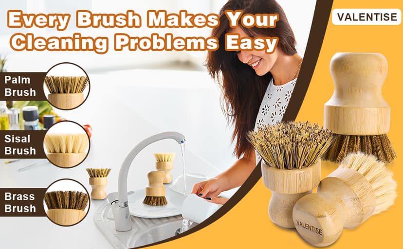 Bamboo Dish Brush Set, 3 Pcs Wooden Scrubber, Brass Brush and Pot Brush with Sisal and Palm for Cleaning Vegetables, Pots and Ovens