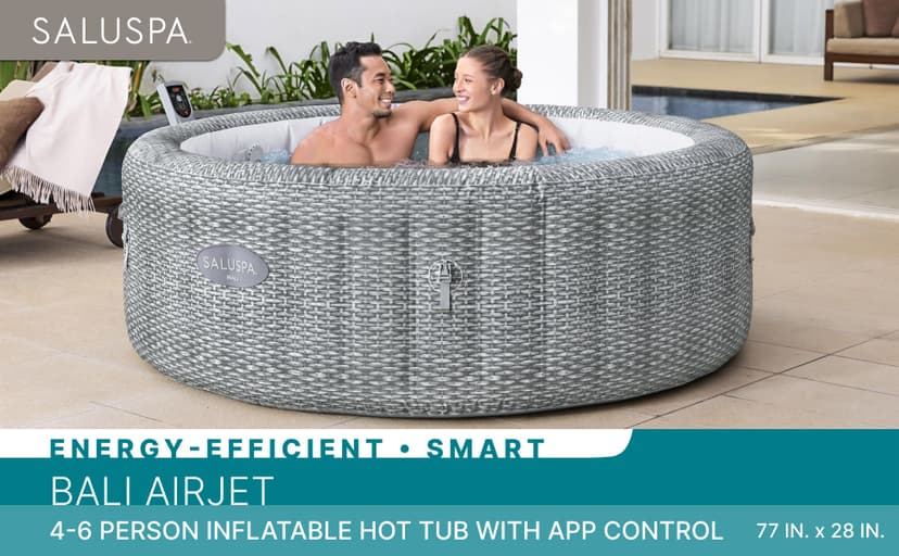 Bestway SaluSpa Bali Smart AirJet Inflatable Hot Tub Round Portable 4 to 6 Person Spa with 140 AirJets, App Control and EnergySense Cover, Grey Rattan