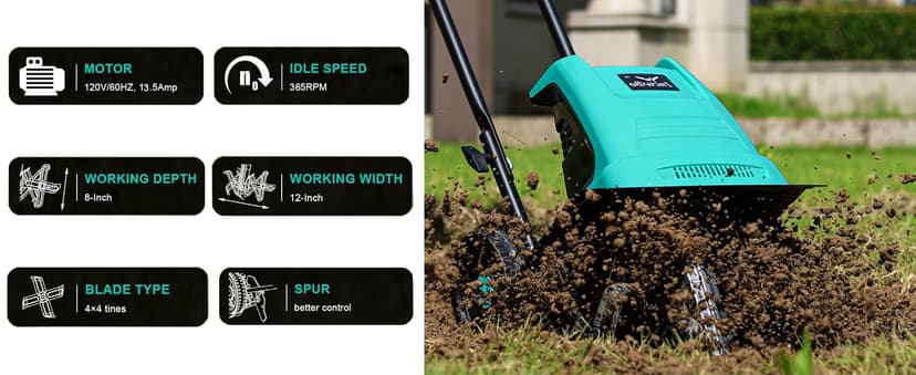13.5 Amp 12 Inch Electric Tiller/Cultivator with 4 Steel Tines, 8'' Tilling Depth Small Garden Tiller for Gardening, Corded Rototiller with Adjustable Wheels