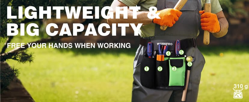 WORKPRO Garden Tool Belt, 5-Pocket Single Side Gardening Tool Pouch with Adjustable Waist Strap, Utility Garden Waist Bag for Women, Ideal for Gardening, Carpentry, and DIY Projects