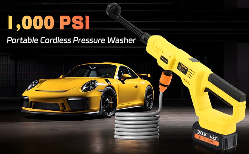 Cordless Pressure Washer for DeWalt 20V Max Battery, Portable Cordless Power Washer 1000PSI, Handheld Car Pressure Washer with 6-in-1 Nozzle for Patio Car Floor Fence Deck Indoor(Tool Only)