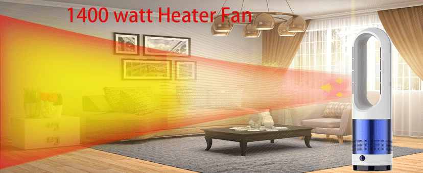 Bladeless Heater and Fan Combo, 1400 Watt Heater Fan and 40 Watt Cold Fan, 80° Oscillating Fan, All the Season Use, Remote and Touch Control, Floor Tower fan, Office Room, Bedroom, Blue White