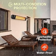 Electric Patio Heater with Remote Control - 1500W Carbon Infrared Outdoor Heaters for Patio, IP65 Waterproof, 2 Levels of Power - 120V Wall Mounted Space Heater for Bedrooms, Backyards, Garages, Black