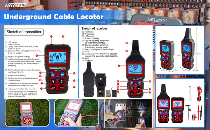 NOYAFA NF-826 Underground Cable Tester Locator Circuit Tracer Metal Pipe Detector Wire Tracker Tool Detects Wall\Underground Wires, Cables, Water and Gas Pipeline Paths