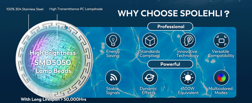 10" LED Pool Light, 12V AC Underwater Pool Spa Lights for Inground Pools, 300W Equivalent, Static Colors & Dynamic Effects, 50Ft Cord, Remote, Transformer, Fits Pentair, Hayward, Jady Niches