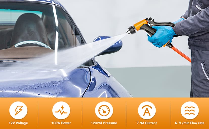 Portable Intelligent Electric Pressure Washer Pump 100W 160 PSI 12V Portable Pressure Powerful Washing Kit with 21.3 Feet PVC Hose for Home, Car, Garden, Projects (100 W-Black Hose)