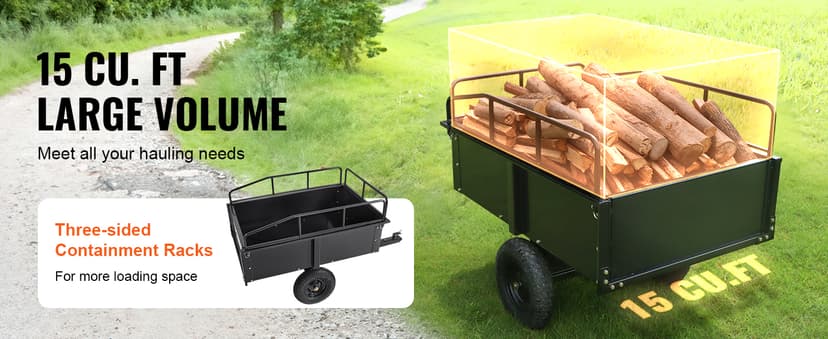 VEVOR Heavy Duty ATV Trailer Steel Dump Cart, 750-Pound 15 Cubic Feet, Garden Utility Trailer with Removable Sides for Riding Lawn Mower Tractor