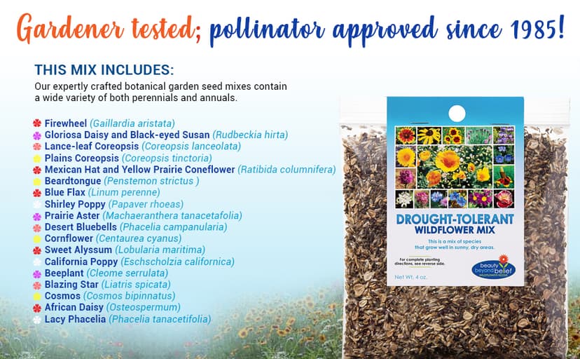 Drought Tolerant Wildflower Seeds - 4oz, Open-Pollinated Bulk Flower Seed Mix for Beautiful Perennial, Annual Garden Flowers - No Fillers - 4 oz Packet