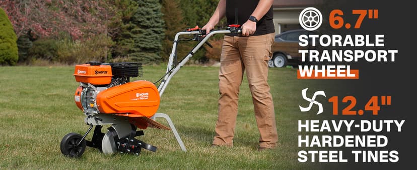 NOVUS 21-Inch Gas Tiller for Gardening, 212cc Front Tine Tiller Cultivator, 4-Cycle Engine with Toolless Adjustable Tilling Width 12"-21", Versatile Garden Tillers Gas Powered