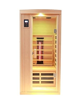 Ceramic 1 Person Infrared Sauna Far Infrared Saunas for Home Hemlock Wood Indoor Sauna Room 2 in 1 Sauna with Low EMF Heaters + Ceramic Heating Cube-Chromotherapy-Bluetooth Speaker