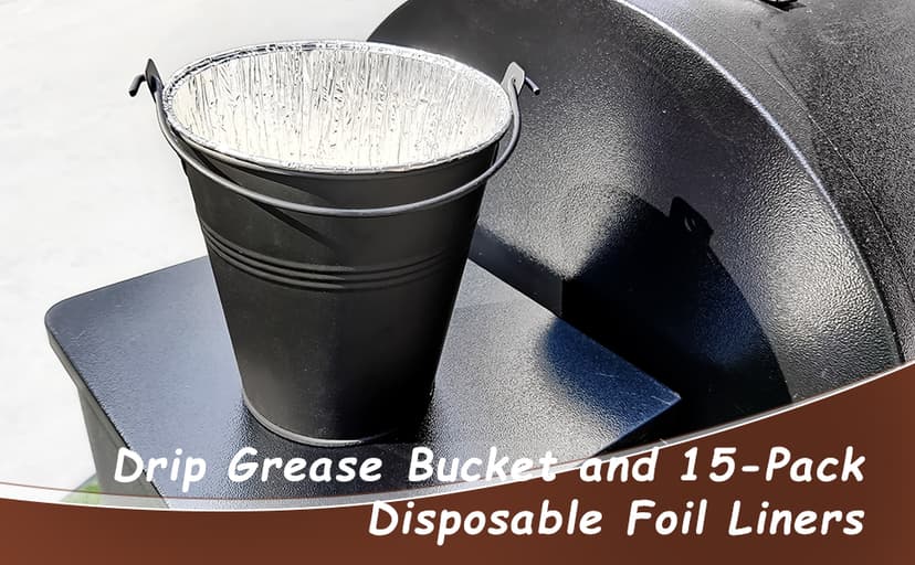 Drip Bucket and 15-Pack Disposable Foil Liners for Oklahoma Joe's, Traeger, Pit-Boss, Z Grill, Camp Chef, Grill Grease Liner Fits Most Offset Smoker, Rec Tec Pellet Grill Bucket, Black