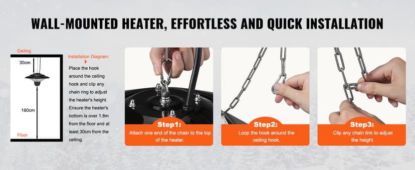 VEVOR Hanging Patio Heater, 1500W Outdoor/Indoor Electric Space Infrared Heater, IP34 Protection Ceiling Heater with 23.6 inch Pull Cord & 20 inch Adjustable Chain, for Porch,Patio,Dining Room,Studio