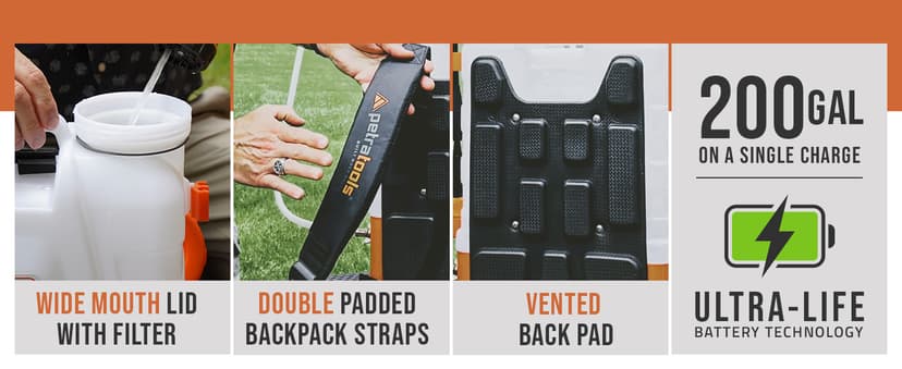 PetraTools Battery Powered Backpack Sprayer 4 Gallon - 6 Hours Long Battery Life & Padded Straps for Comfort - HD4000 Electric Backpack Garden Sprayer with 6 Spray Nozzles & 90PSI Adjustable Pressure