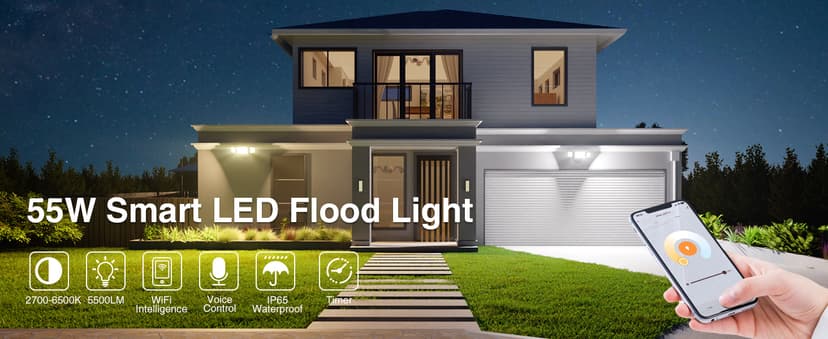 Onforu 55W Smart LED Flood Lights Outdoor, 5500LM, Tunable 2700K-6500K, APP Control, WiFi Alexa Security Lights with Timer & Adjustable 3 Head, IP65 Waterproof for House, Yard, Porch, Garage, Backyard