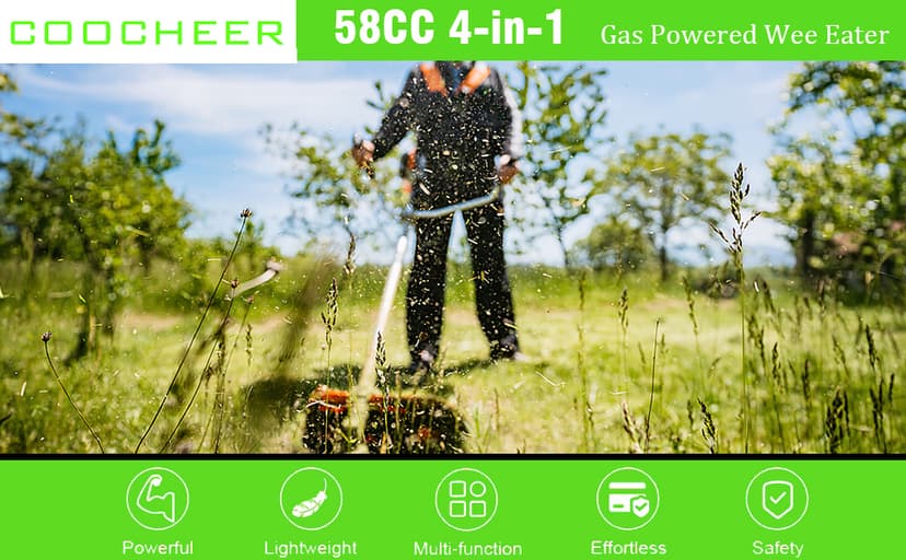 58CC Brush Cutter Gas Powered 2-Cycle 4 in 1 Gas Weed Eater 18.5" Cutting Path Gas Weed Wacker with 4 Detachable Heads Straight Shaft String Trimmer Grass Cutter Machine for Weeds and Grass, Green