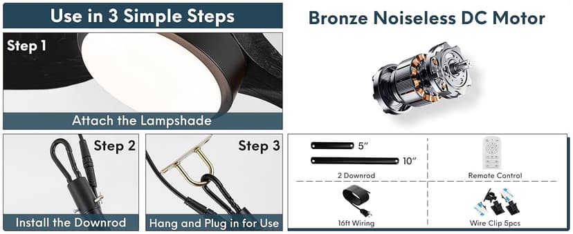 EKIZNSN 42“ Wet Rated Gazebo Ceiling Fans Outdoor Hanging for Patios Waterproof, Pergola Ceiling Fan with Light, Hook Installation, Black