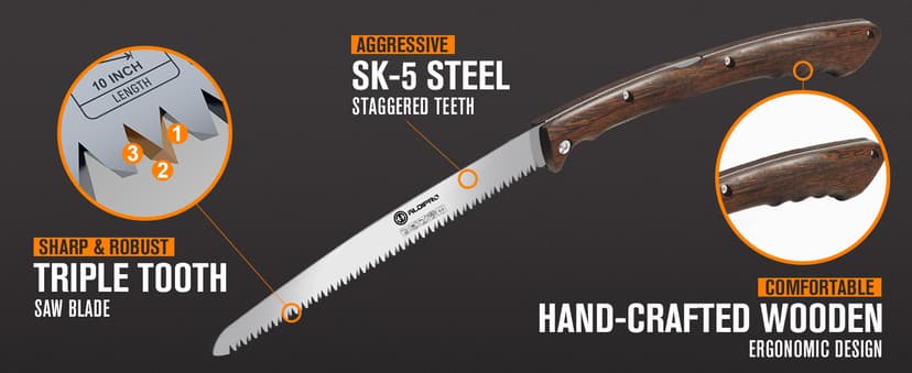 Folding Pruning Saw 10 Inch with Leather Sheath and Wenge Wooden Handle, SK5 Steel Blade, Foldable Hand Saw for Camping, Survival, Wood Cutting, Bushcraft and Tree Trimming