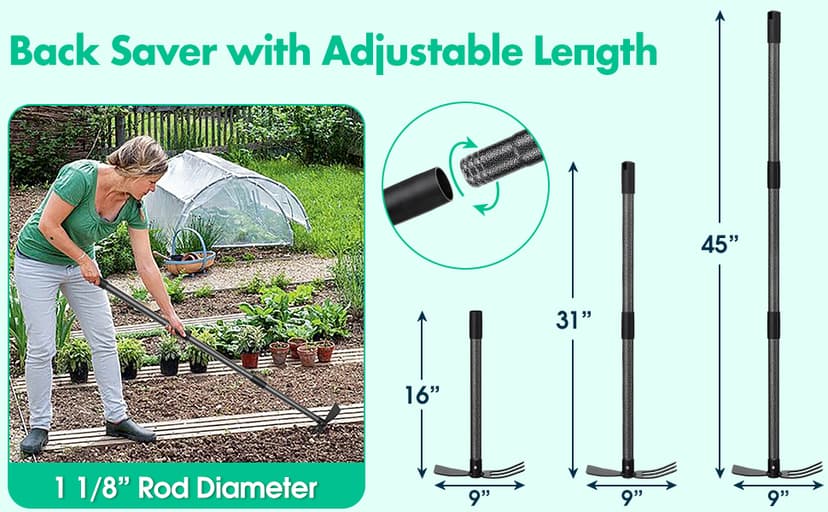 Hoe Garden Tool,45 Inch Long Garden Hoe and Cultivator, Garden Hand Tiller with Long Handle,Heavy Duty Garden Tools Hoe Cultivator for Gardening,Weeding, Tilling,Lossening Soil,Planting