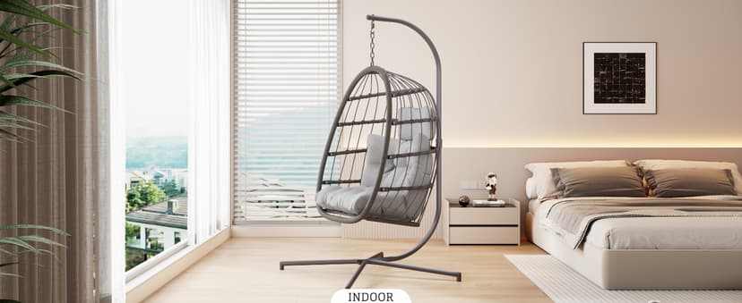 HWB Hanging Egg Chair with Stand, Patio Wicker Hammock Egg Swing Chair with Cushion for Bedroom Garden Indoor Outdoor (Grey)
