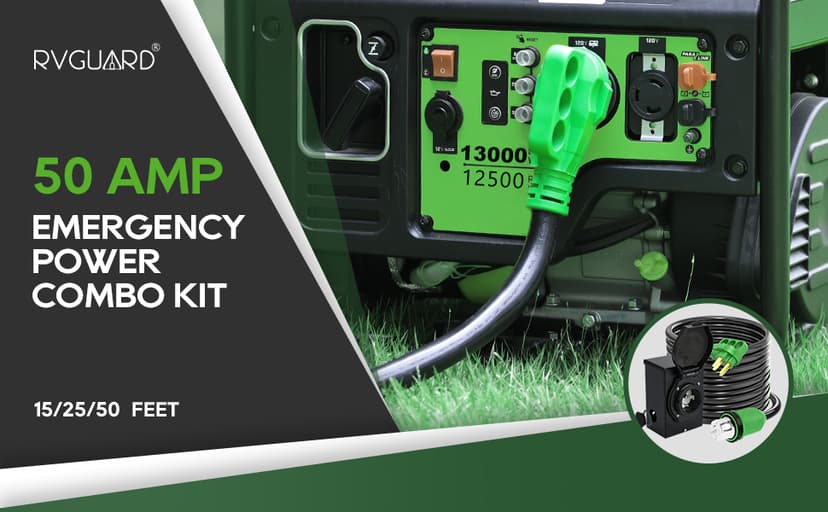 RVGUARD Emergency Power Combo Kit, 15 Foot 50 Amp Generator Cord and Power Inlet Box, NEMA 14-50P to SS2-50R Generator Cord with NEMA SS2-50P Pre-Drilled Generator Inlet Box, ETL Listed