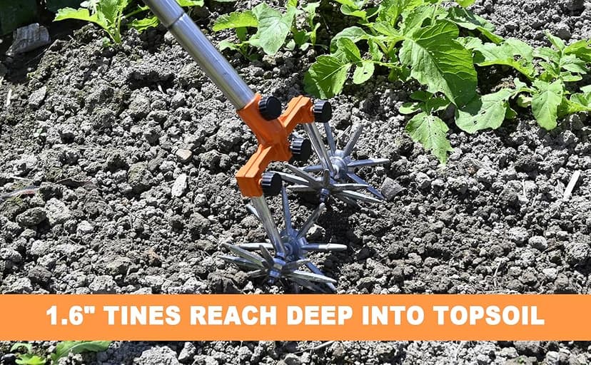 Rotary Cultivator Garden Rotary Tiller Adjustable Stainless Steel Poles Hand Tiller for Soil Mixing or Reseeding Grass Lawn Tiller Total Length 57 Inch