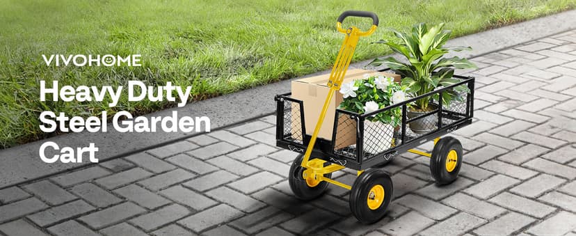 VIVOHOME Garden Cart Steel Heavy Duty 900 LBS Yard and Garden Wagon with 10 inch Tire and Handle Attach to ATV or Tractor Black