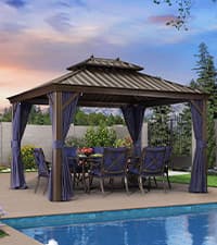 PURPLE LEAF 10' x 14' Hardtop Gazebo with Curtains and Netting for Hot Tub Heavy Duty Deck Beach Pool Backyard Outdoor Canopy Tent Sun Shade Metal Roof Patio Permanent Pavilion
