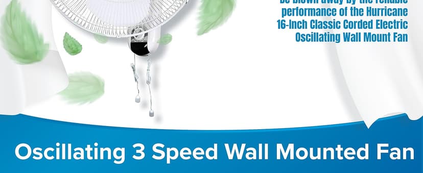 Hurricane Classic Oscillating Wall Mount Fan w/ 3 Quite Speeds, White, 16" - Corded Electric Air Cooling Unit w/Easy Pull Cord Controls for Home, Grow Tents, Offices, Sheds, Studios, Garages & Dorms