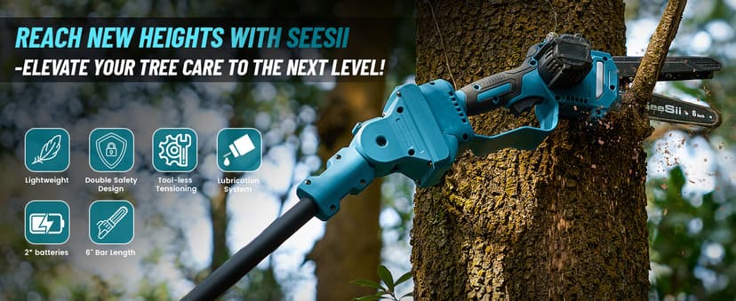 Seesii PS600 2-in-1 Electric Pole Saws for Tree Trimming, 6 Inch Mini Chainsaw Cordless with Extension Pole, Battery Powered Pole Chain Saw, Tree Trimmer Limb Branch Cutter Pruner with 2 Battery
