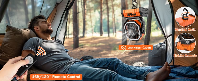 Camping Fan Rechargeable, 20000mAh Large Battery Powered Fan, 4Speed Rechargeable Fan Portable with Remote, Battery Operated Fans with LED Light and Hanging Hook, Cordless Fans for Tent Picnic Outdoor
