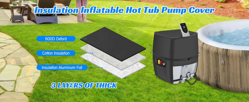 Hot Tub Spa Heater Pump Cover,Waterproof 600D Oxford Fabric Aluminum Film Insulated Cover,Inflatable Hot Tub Spa Heater Pump,Easy Installation with Zipper and Adhesive Straps,Black,Square